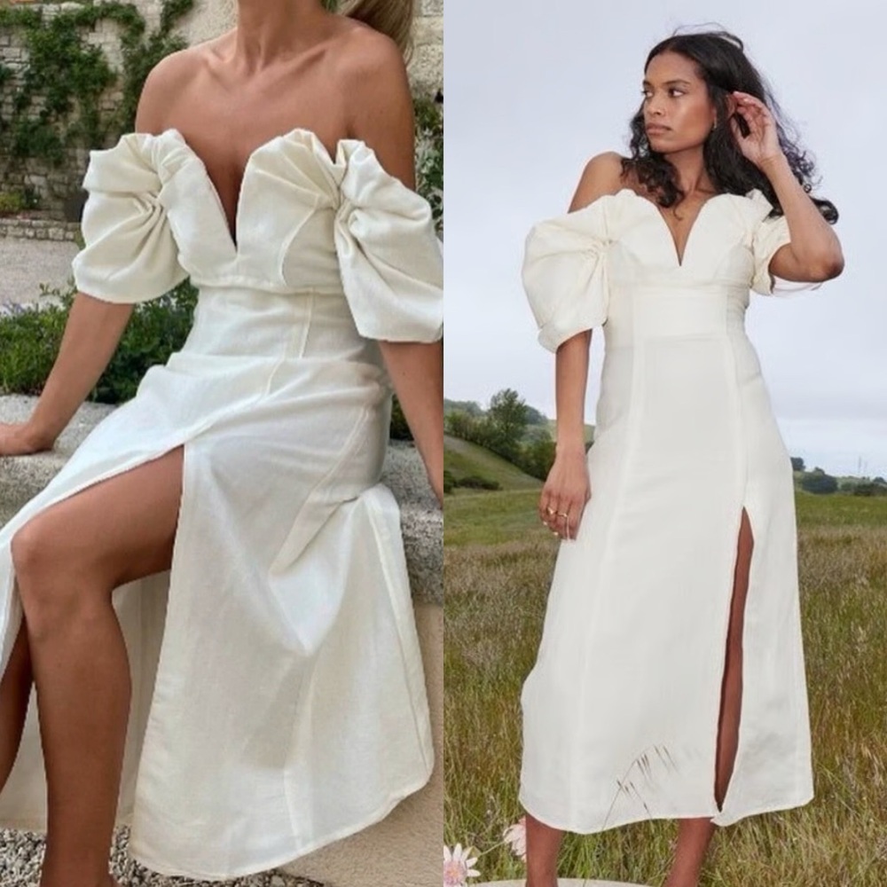 🆕 CULT GAIA Muna Gathered Linen Midi Dress in Off White Sz 2